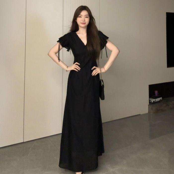 Hepburn Style Women s Black V-Neck Summer Dress - 2026 Temperament Collection S