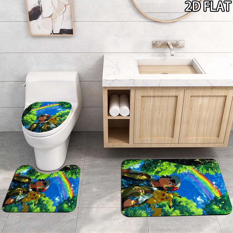 3pcs Ash Ketchum Pikachu Art Pattern Flannel Nonslip Absorbent Washable Decorative Bathroom Home Toilet Seat Cover Mat