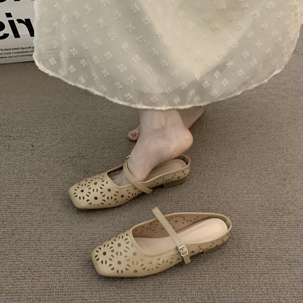 French niche hollow Birkenstock half slippers women's outer wear 2025 summer with skirt gentle evening breeze bag head sandals