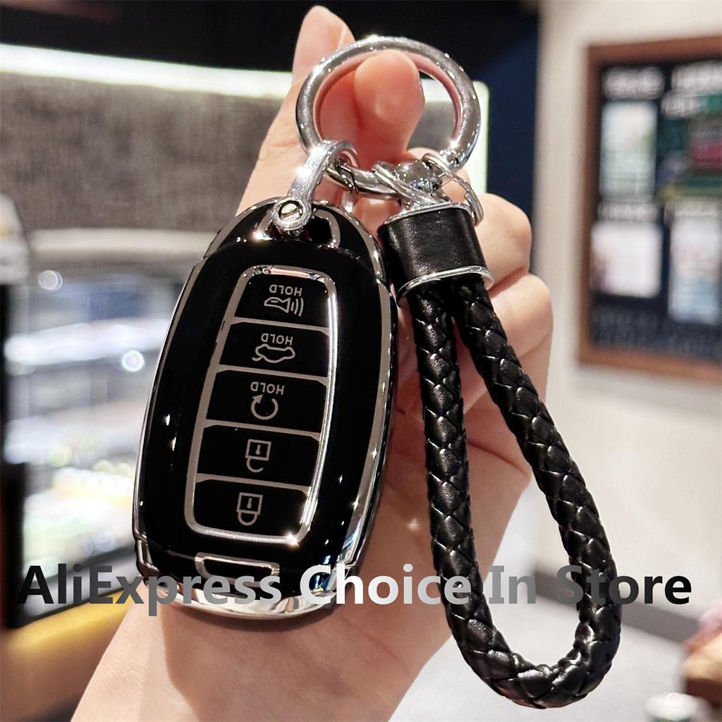 Premium Soft TPU Key Fob Cover with Keychain for Hyundai Palisade 2023 Elantra GT Santa Fe 5 Buttons Car Accessories