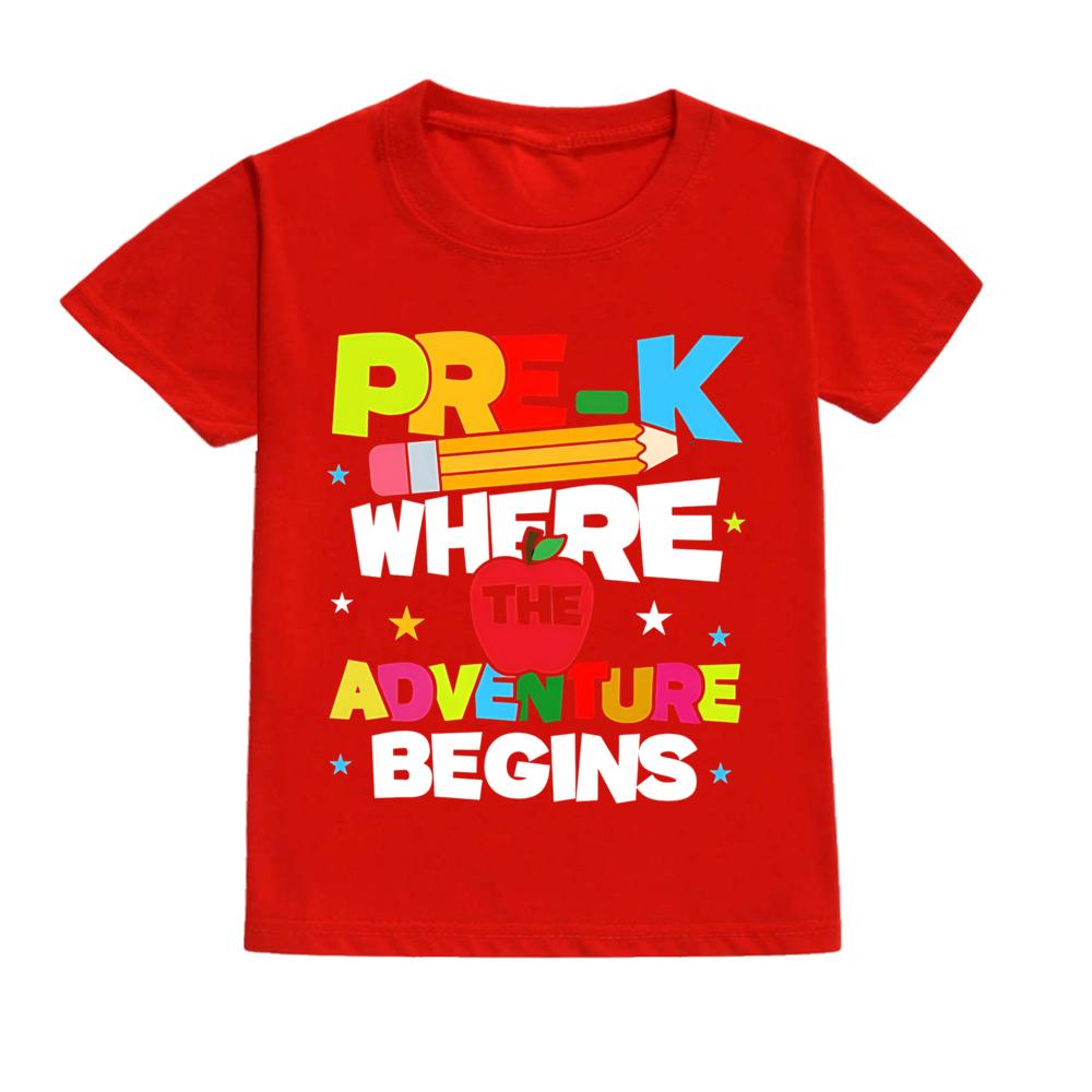 PRE-K WHERE THE ADVENTURE BEGINS Shirts Happy First Day of School Funny Tee Summer Casual Short Sleeved T-shirt