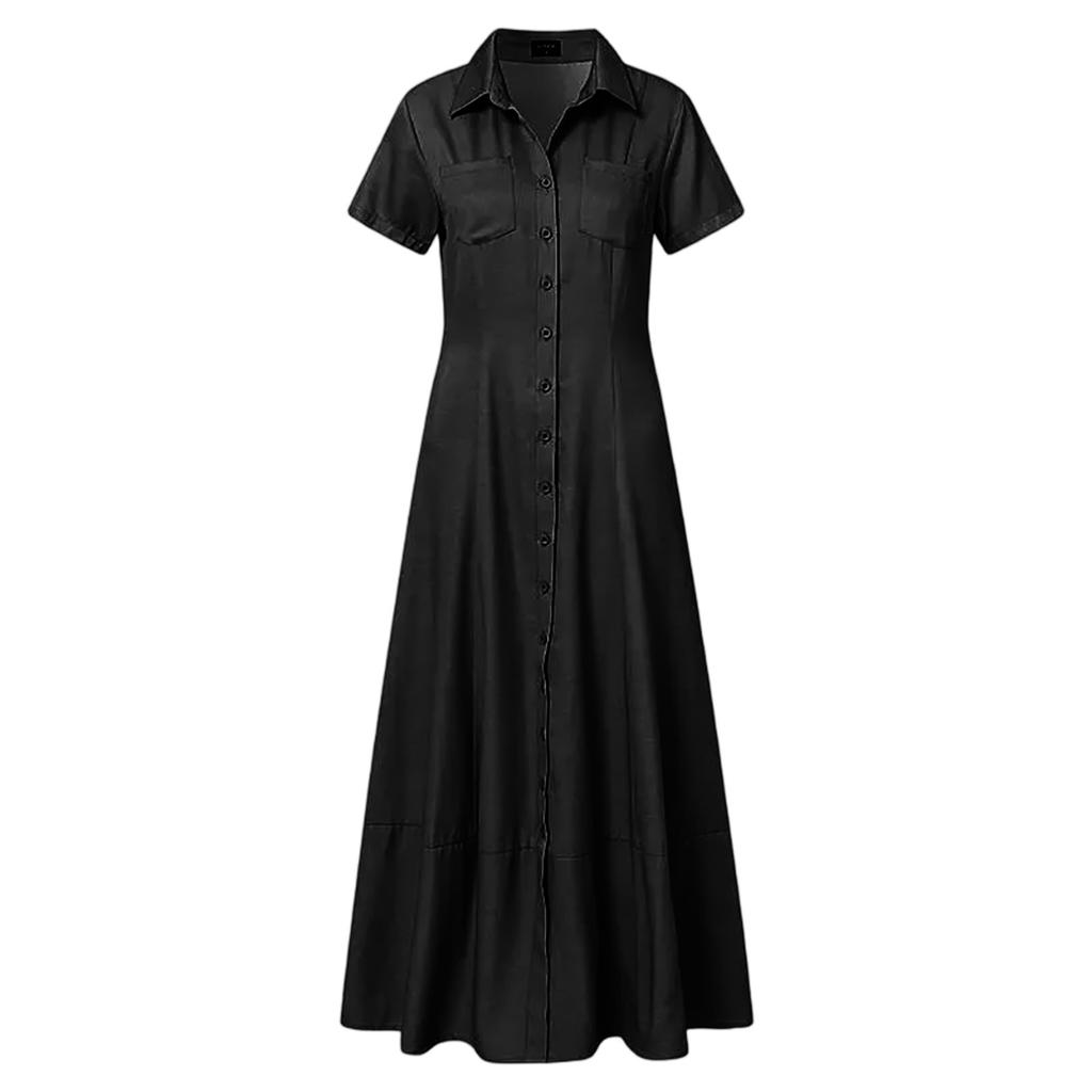 Women's Loose Long Dress Shirt Collar Pocket Large Swing Skirt Casual Denim Dress