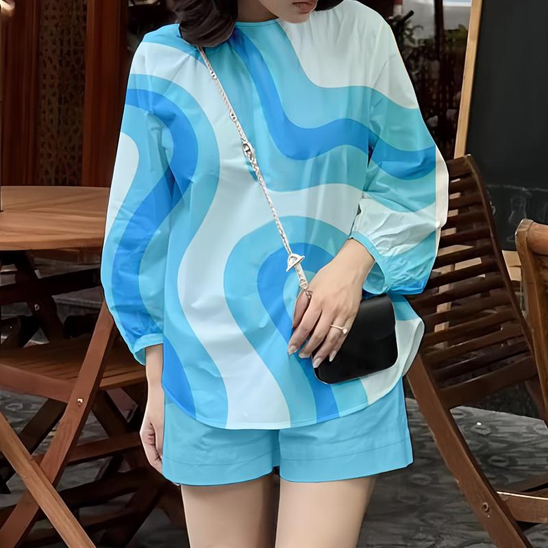 

ZANZEA Женский комплект из блузки с рукавом 3/4 и шорт, летний костюм-двойка с принтом 5XL синий