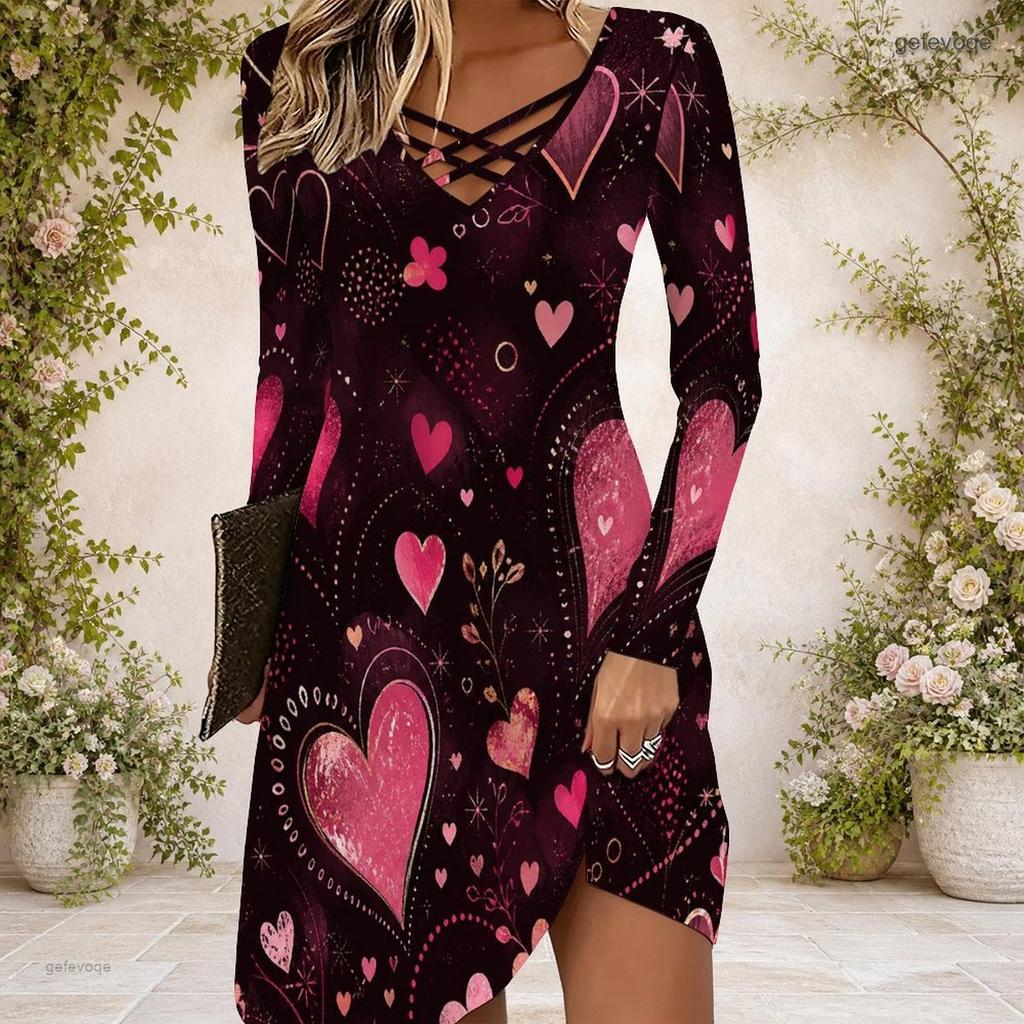 Women Cross V Neck Long Sleeve Dress Pink Heart Floral Print Irregular Hem Dress