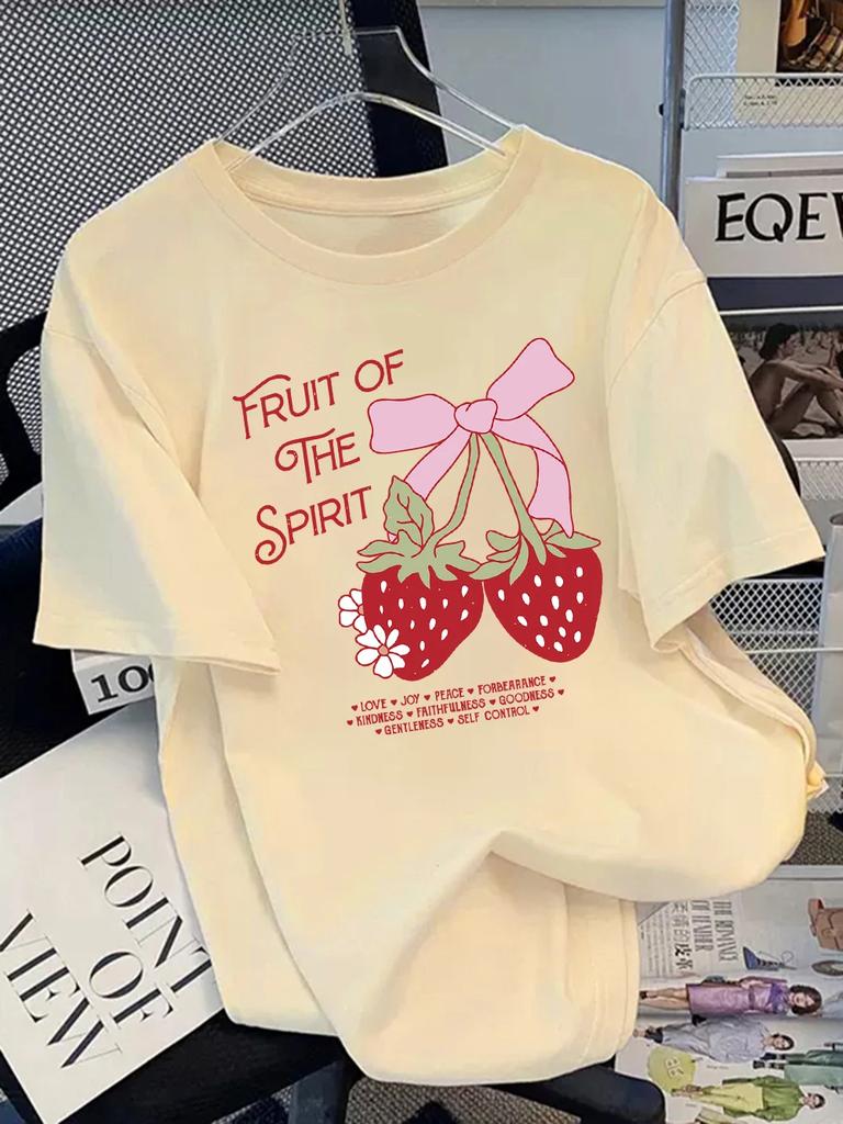 Summer T-Shirts Women Fruit of The Spirit Strawberry Print Tops O-Neck Soft Comfortable T Shirt Basic Woman Clothes Graphic Y2K