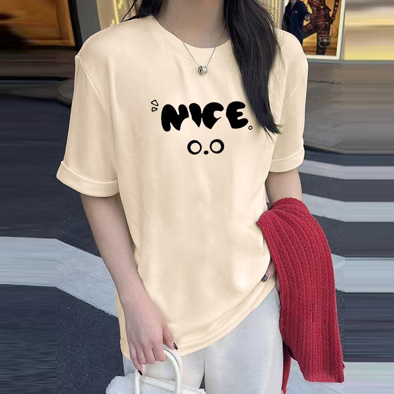 

Simple letter round neck cotton short-sleeved T-shirt women s 2025 spring and autumn new European goods large version long top bottoming shirt m S