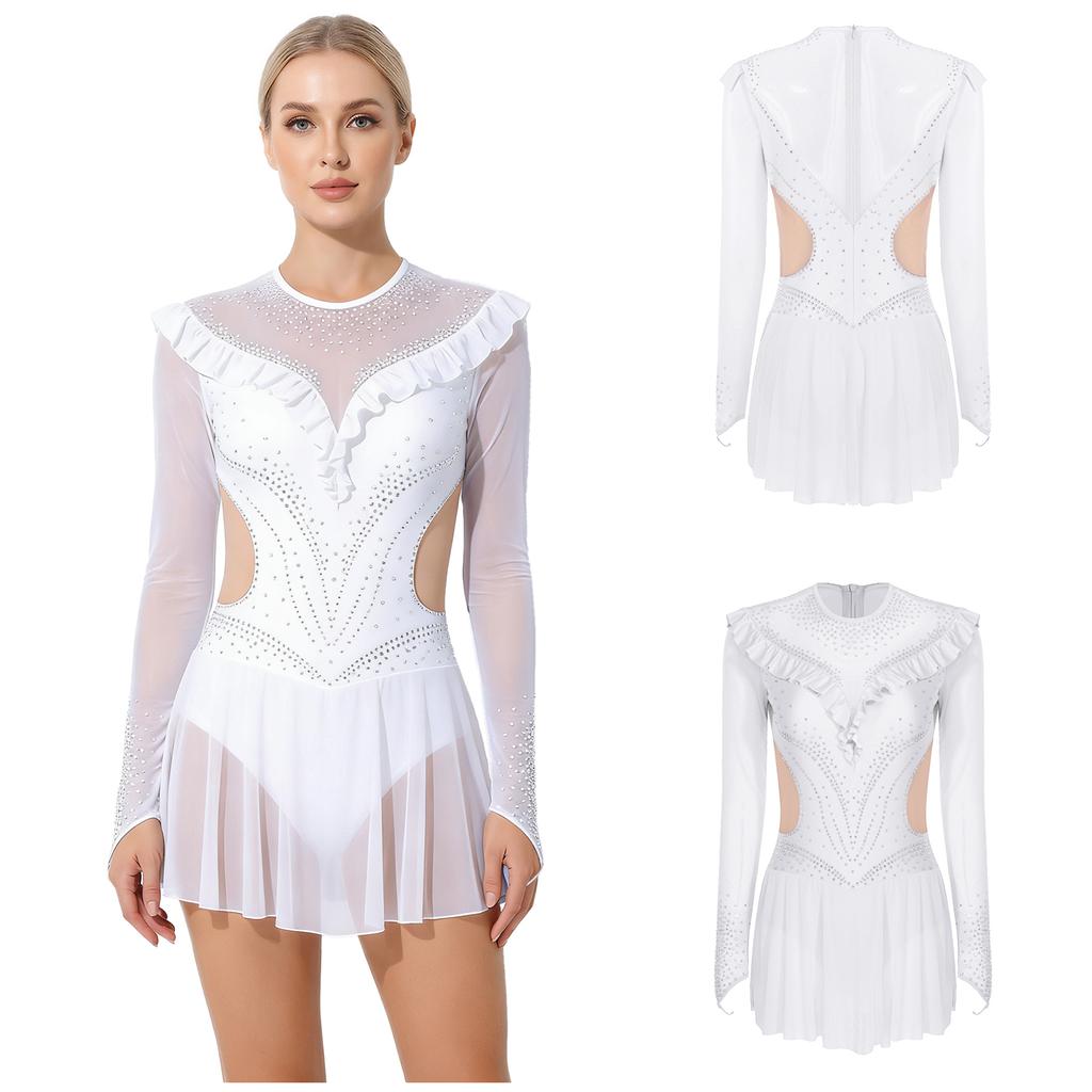 Dámský síťovaný trikot s kamínky Dlouhý rukáv Volánkové lemy Síťovaná sukně Body Šaty Jumpsuit pro krasobruslení