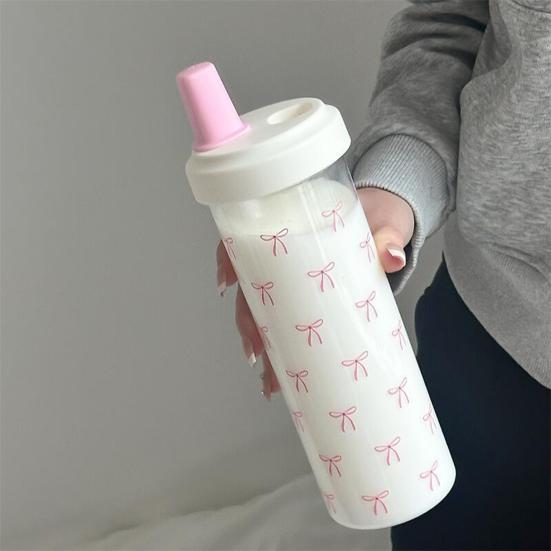 Pink Bow Print Water Bottle with Straw Lid 700ml Cute