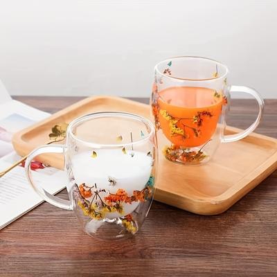 4pcs Dried Flowers Inside Glass Coffee Mugs 11.83oz Double-Walled Espresso Coffee Cups Heat Insulated Water Cups Summer Winter Drinkware Birthday Gift