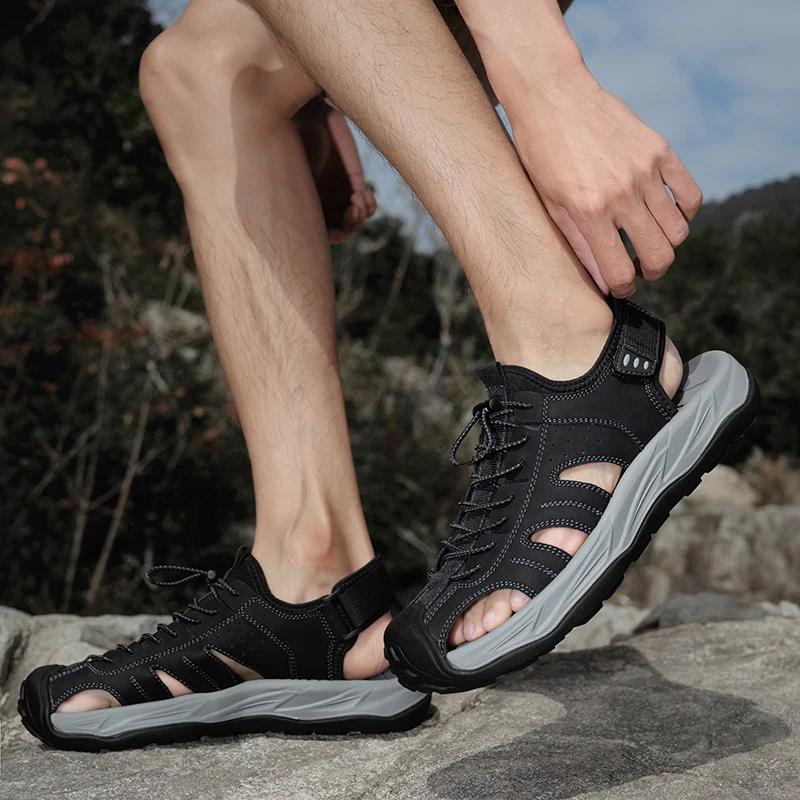 Fashion Summer Outdoor Men's Beach Leather Sandals Luxury Hand Sewn Thread Breathable Casual Sandals Man Wading  Non-slip Comfort Shoes