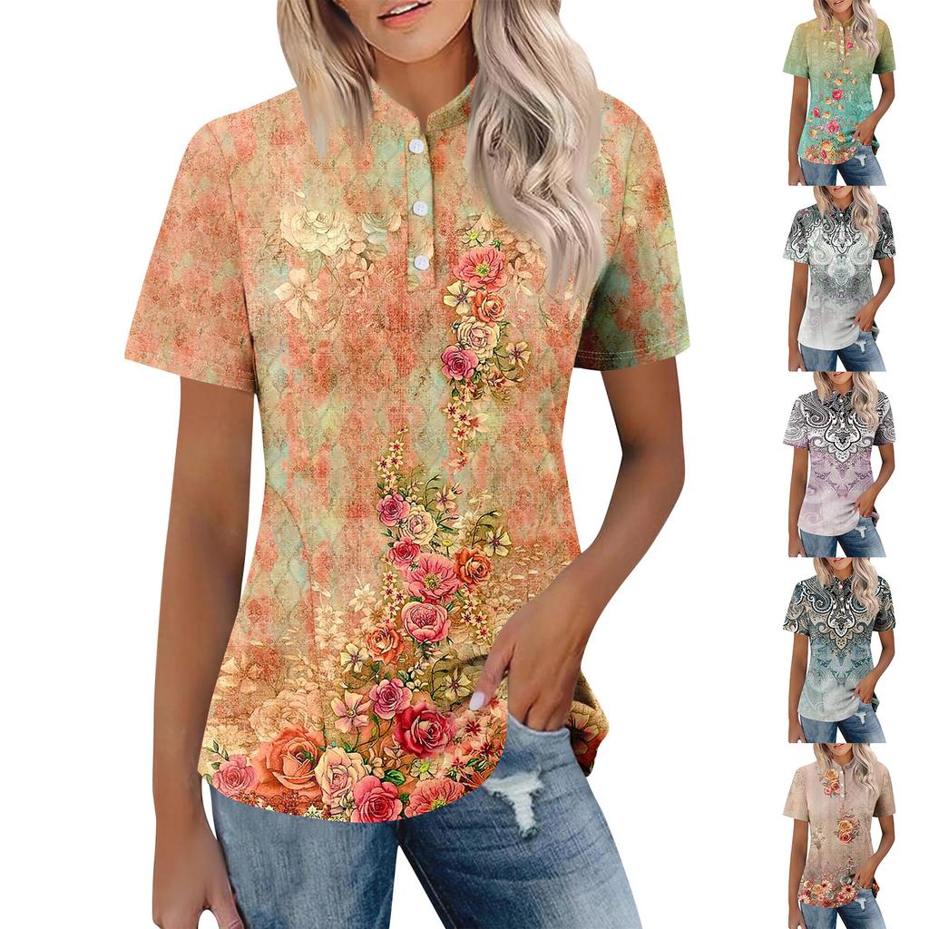 Women's Casual Floral Print V-Neck Short Sleeve Decorative Button T-Shirt Top