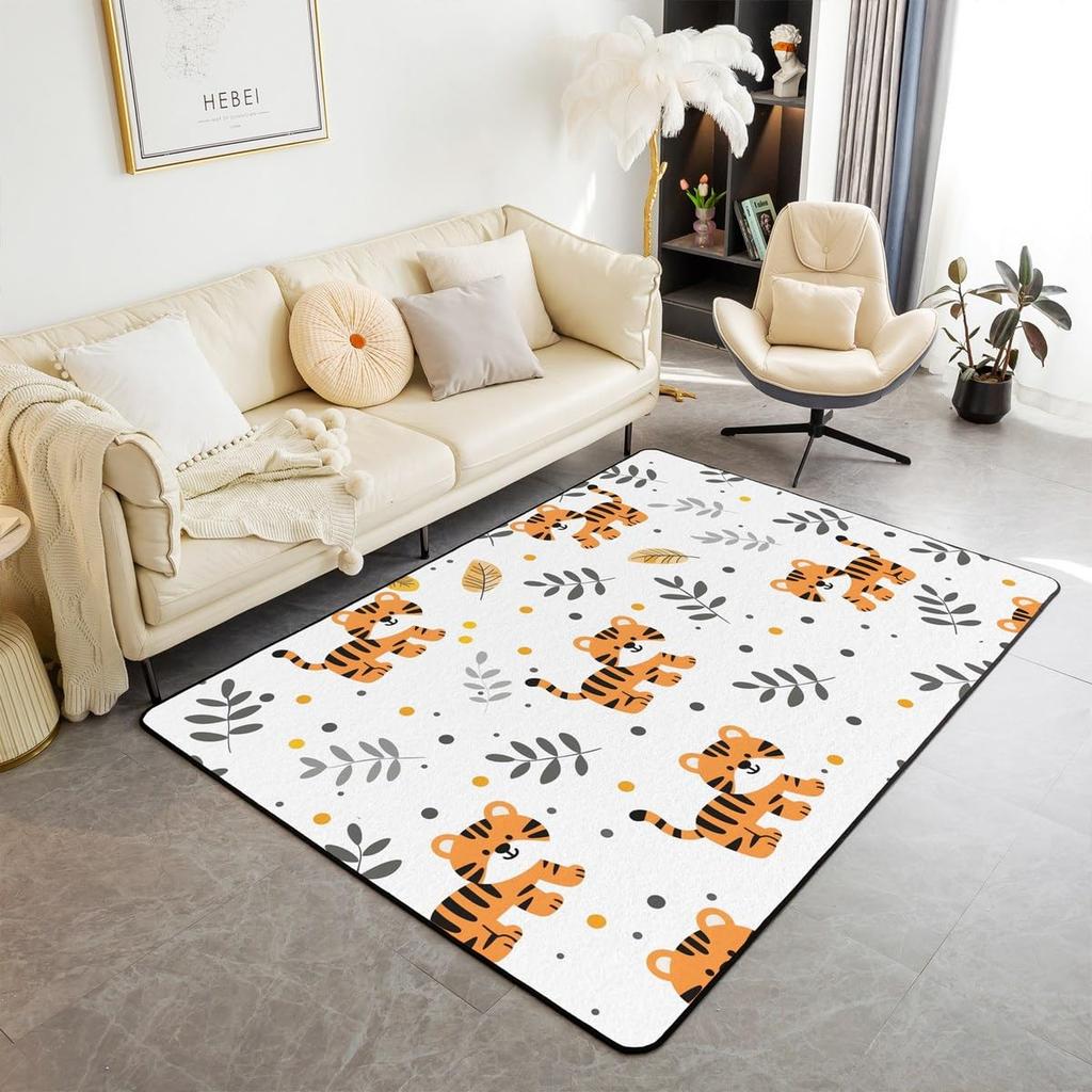 Japanese Ukiyo-e Tiger & Ocean Wave Print Area Rug, Bold Non-Slip Floor Mat for Living Room Bedroom Home Decor Carpet