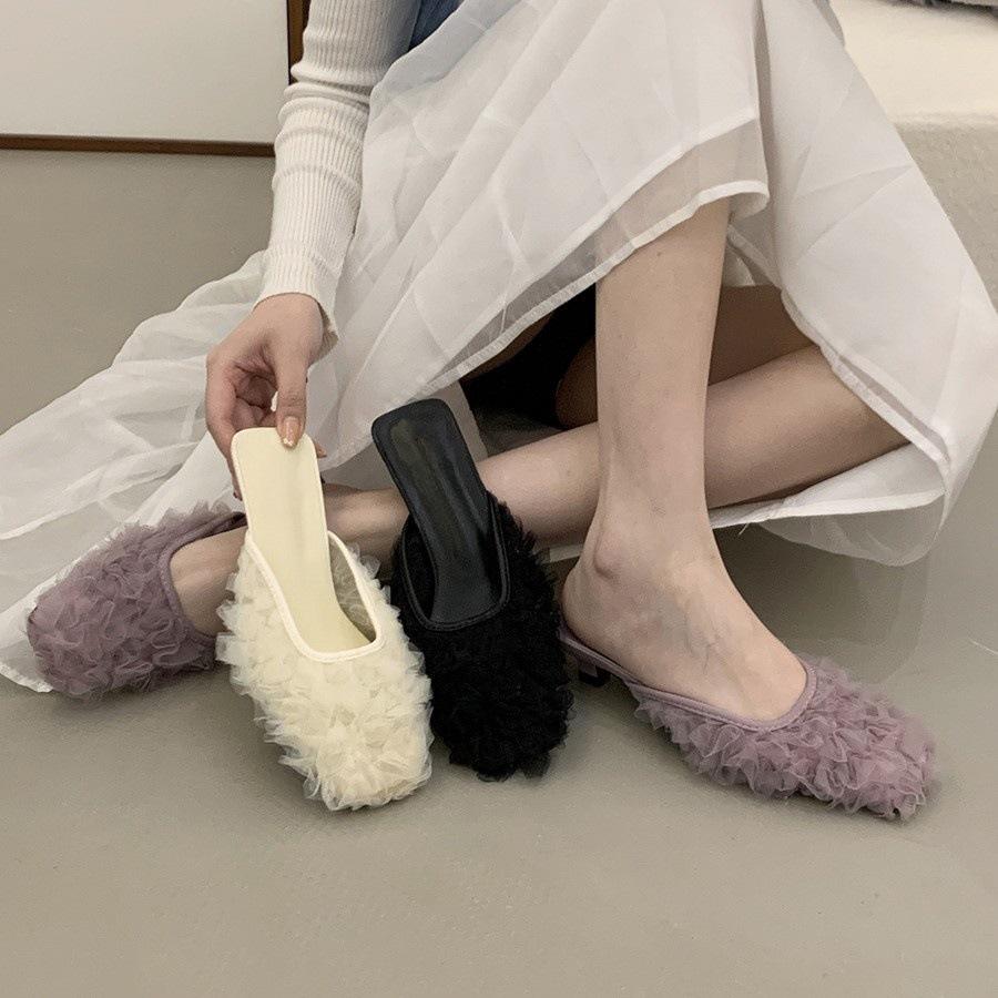 

Kitten and purple high heels Baotou half slippers women s shoes outer wear temperament single shoes 35