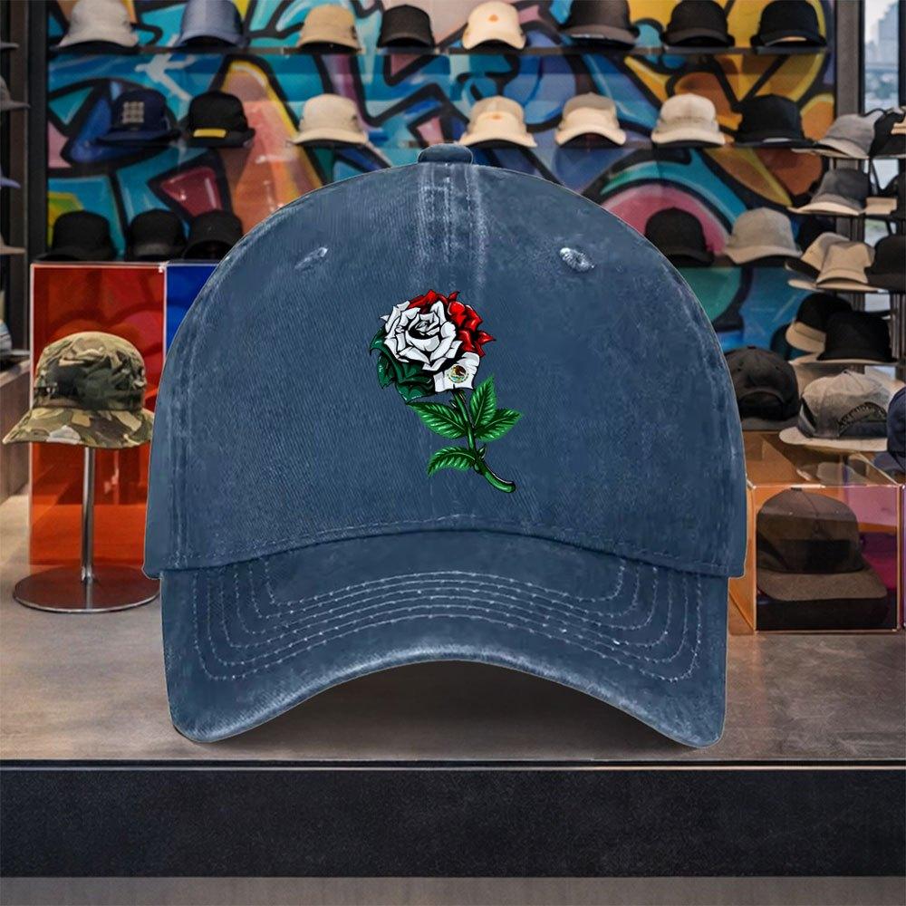 Mexican Flag Rose Washed Baseball Cap Cotton Adjustable Retro Streetwear Hat for Unisex