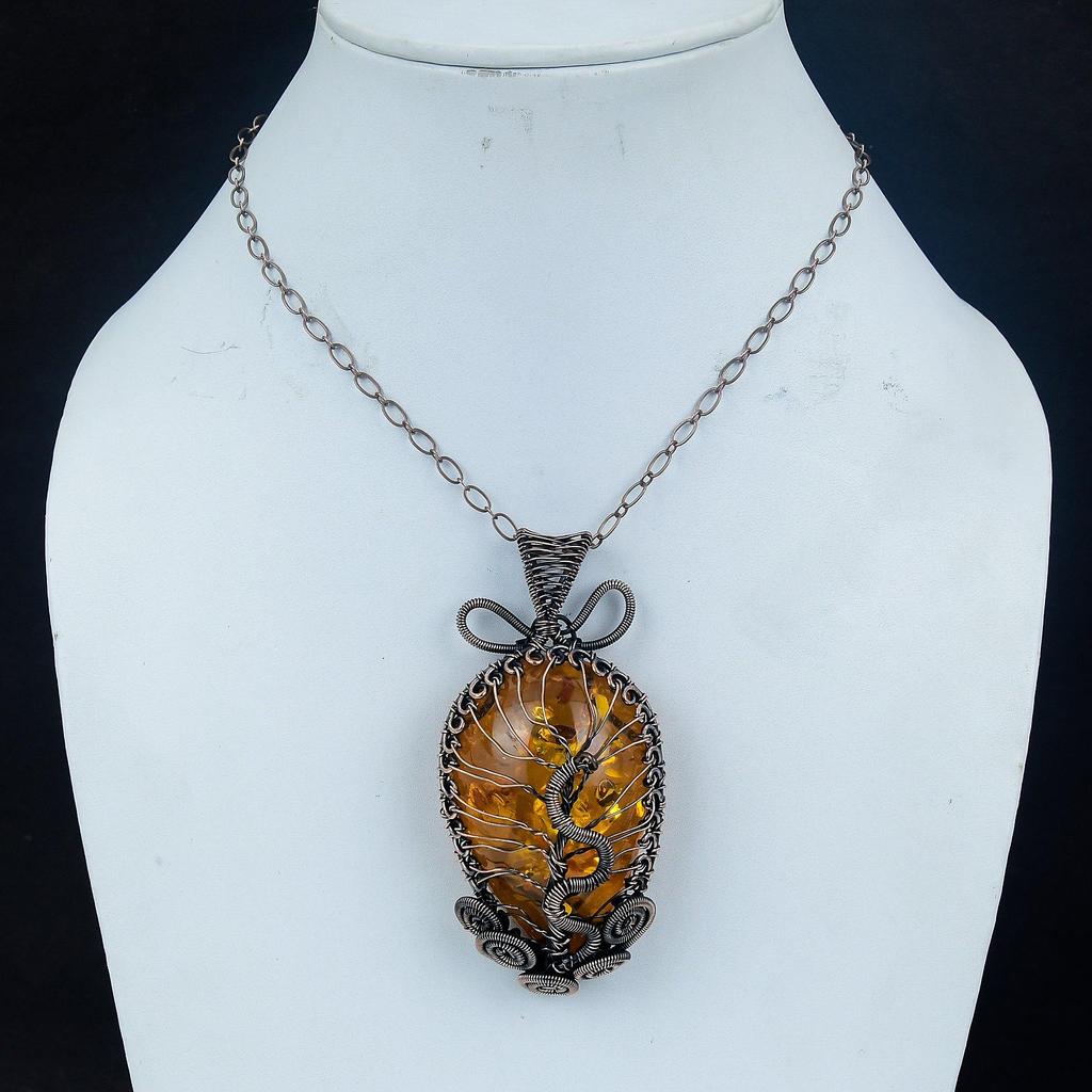 Bernsteinanhänger aus dem Baltikum, mit 999er Kupferdraht umwickeltes Edelsteinschmuckstück, handgefertigter Anhänger für den Muttertag