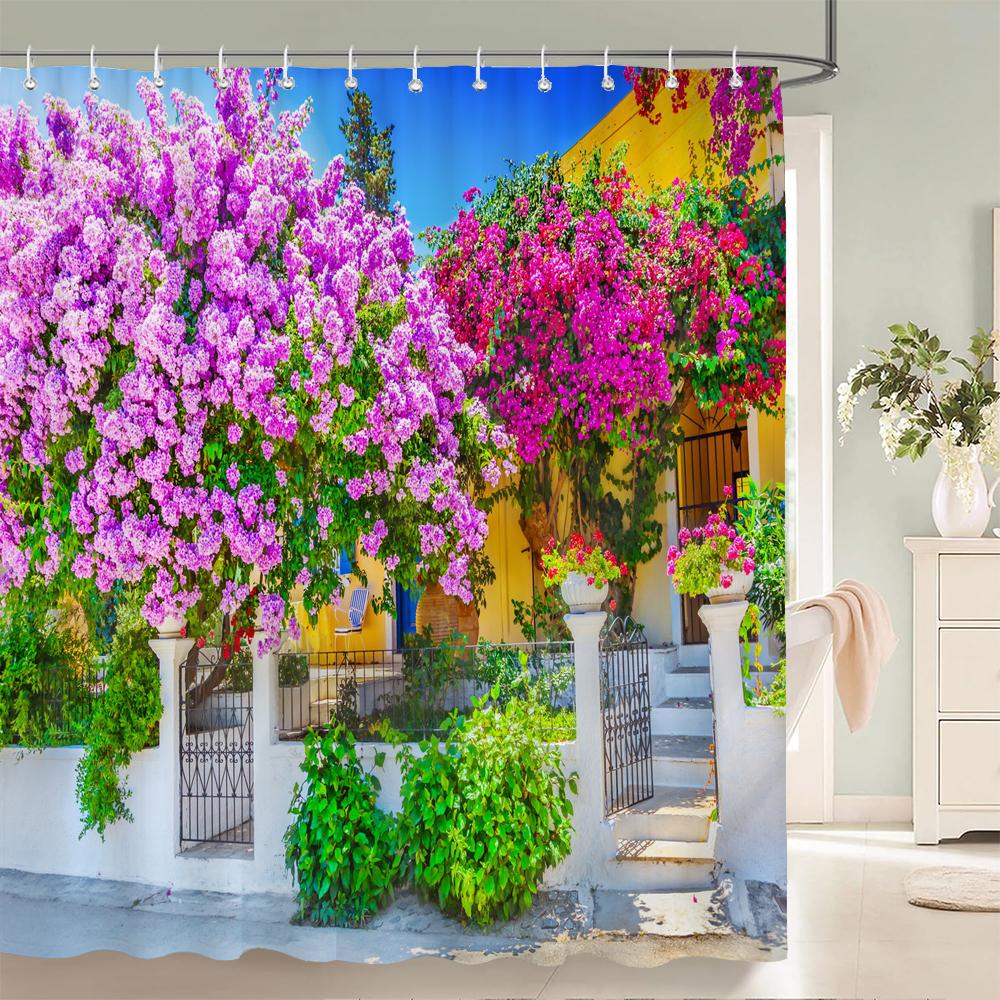 Flower Scenery In Rural Towns Printed Shower Curtain 3D Street Window Flower Landscape Printed Home Decoration Bathroom Curtain