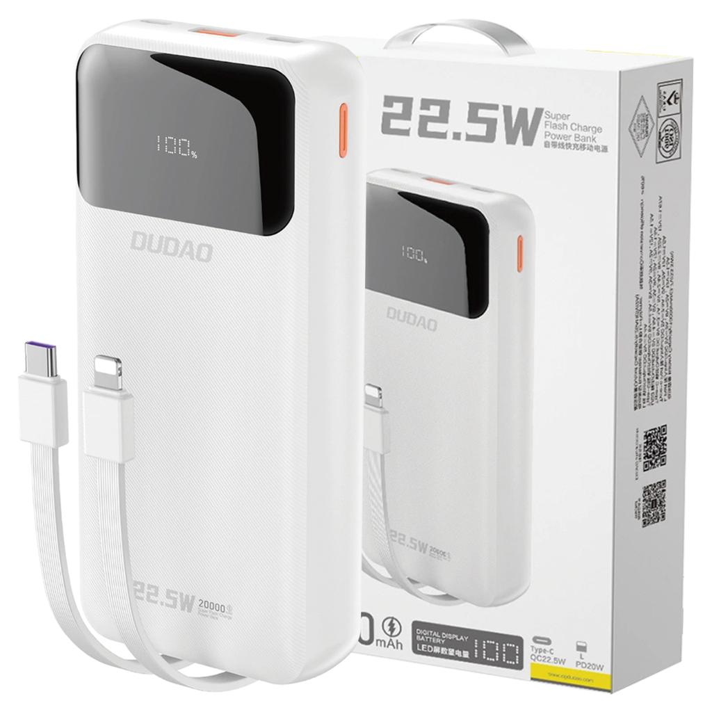 Powerbank Dudao K15Pro 20000Mah 22.5W Pd Usb-C / Usb-A / Wbudowane Kable Lightning I Usb-C - Biały