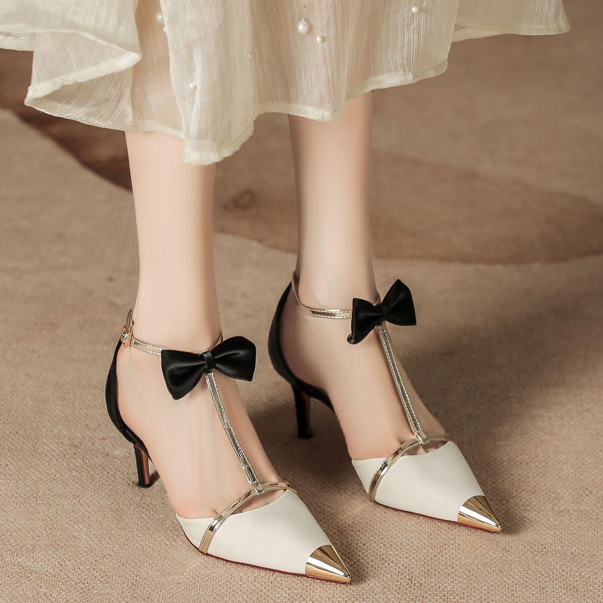 

H555-1 pointed head color matching high heel sandals women s thin heel bag head hollow sandals beautiful bow high heels women 39