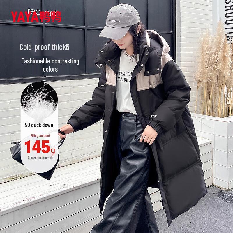 

YAYA Women s Color-Block Hooded Long Duck Down Puffer Jacket M