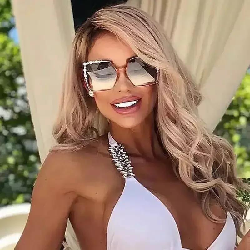 Oversized Square Sun Glasses Ladies  New Luxury Pearl Sunglasses Women Brand Designer Fashion Shades Big Frame Oculos
