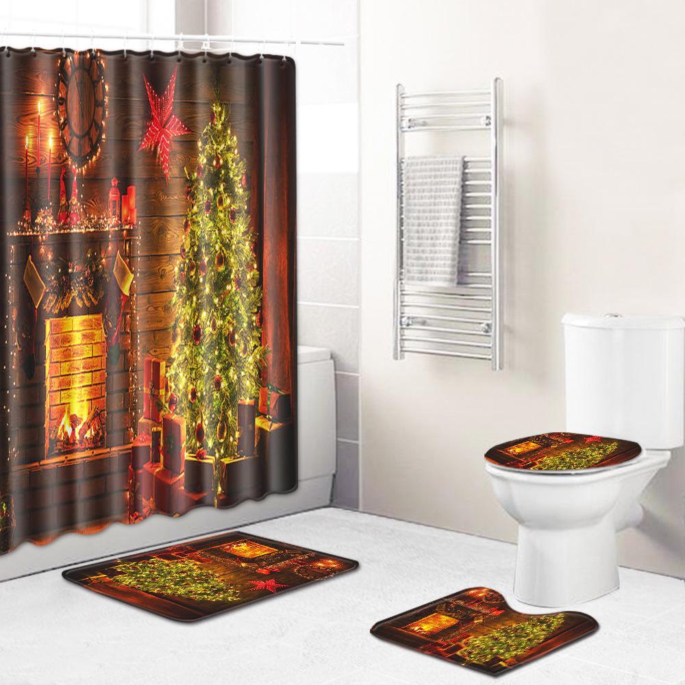 Christmas Toilet Seat Shower Curtain Four-Piece Printed Floor Mat Set Bathroom Floor Mat Bedroom Absorbent Door Mat Carpet