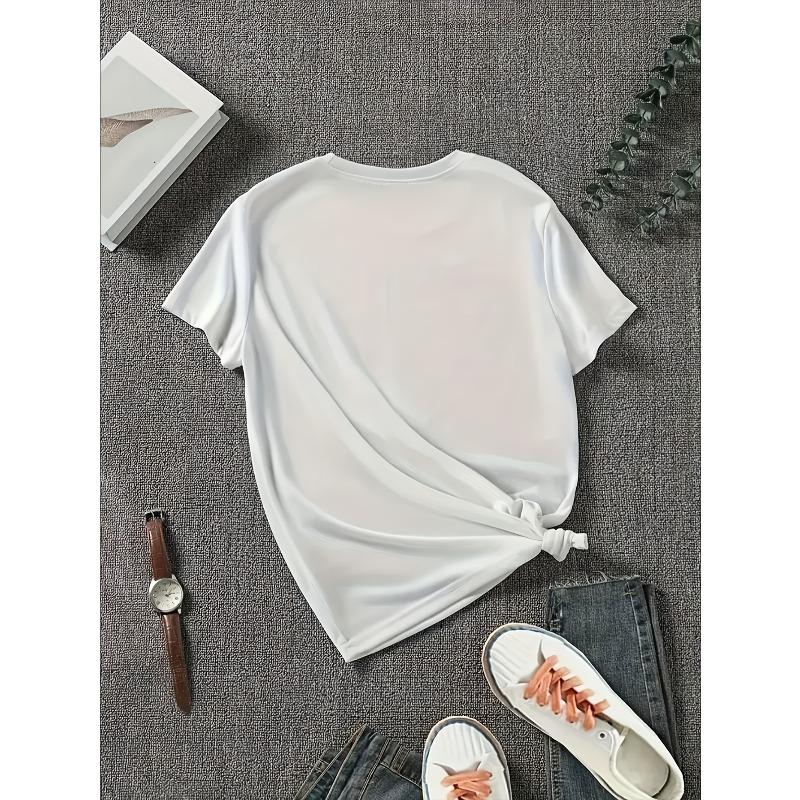 Women's White Cyrillic Alphabet T-Shirt Short Sleeve Crew Neck Casual Top