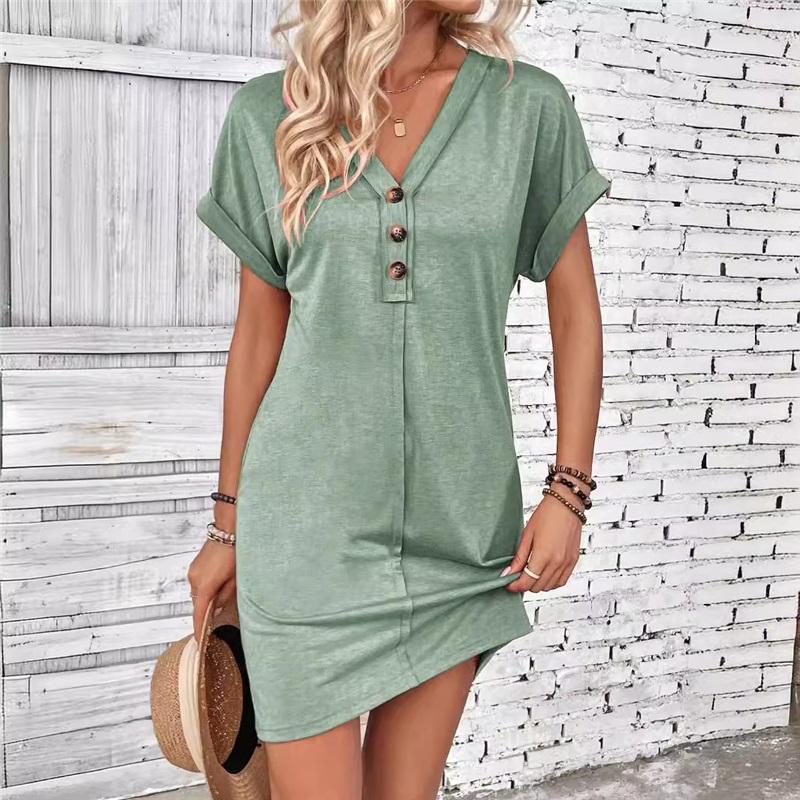 Fashion All-match Buckle V-neck One-shoulder Roll-sleeved Solid Color Dress