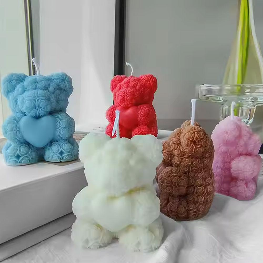 Romantic Rose Love Bear Silicone Candle Mold Flower Rabbit Plaster Doll Making Tool Heart Bunny Wedding Party Decor  Bride Gifts