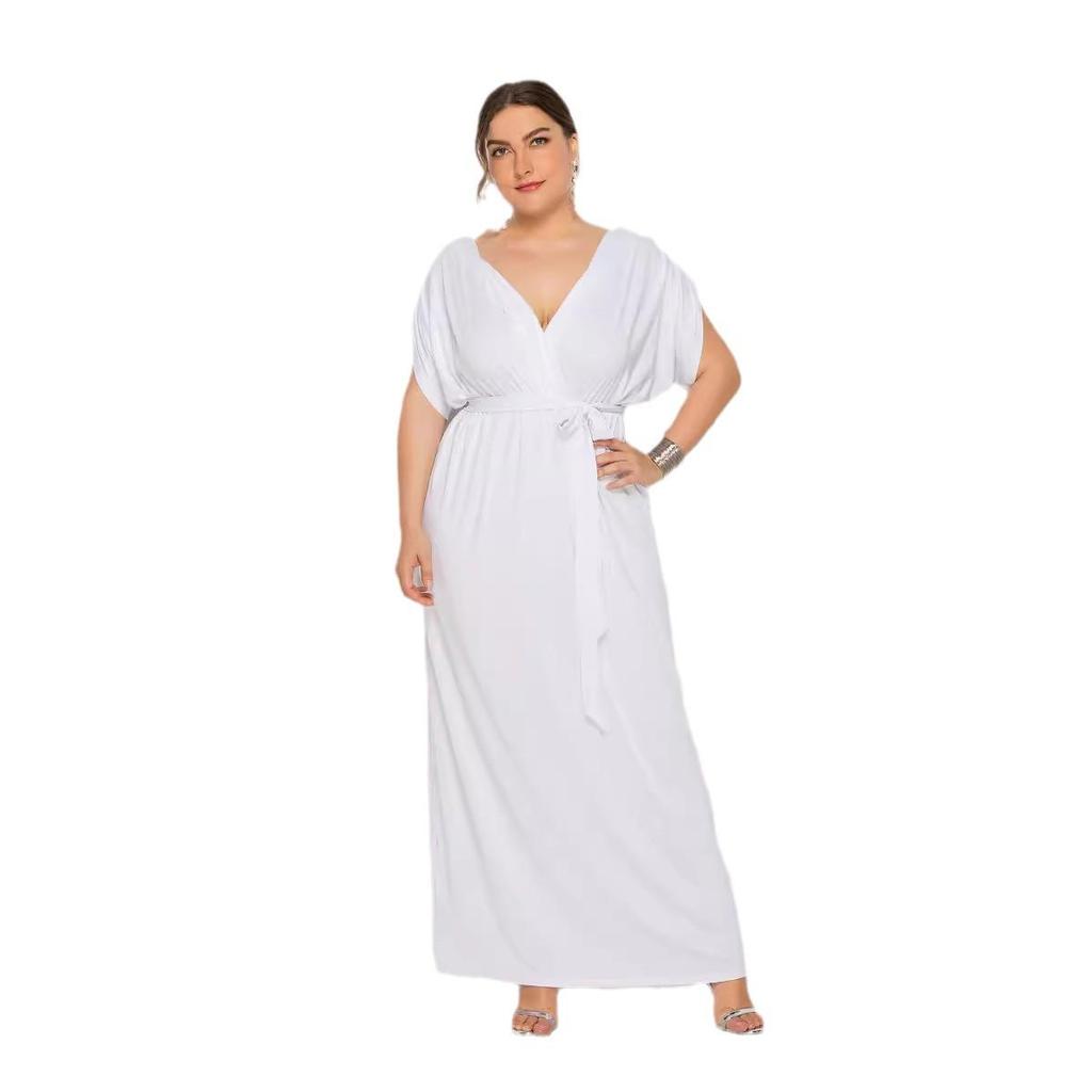 Plus Size Women’s Solid V-Neck Evening Dress, Sexy Loose Fit with Large Hem