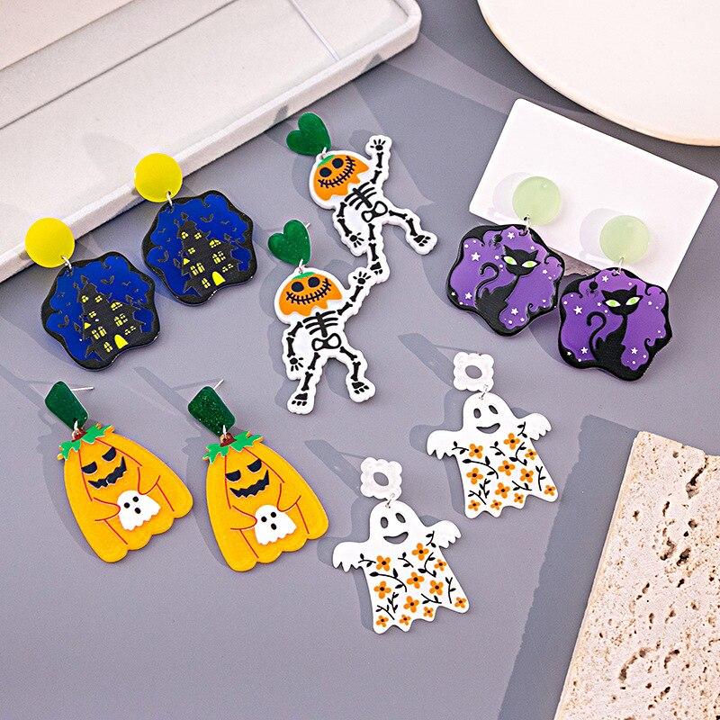 

Серьги-капли на Хэллоуин для женщин, забавные акриловые серьги с мультяшным призраком, ювелирные изделия с тыквой и черепом