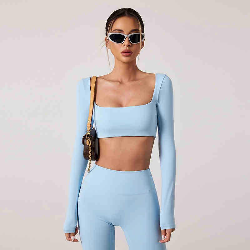 European & American Dance Yoga Wear: Sexy Square Neck Long Sleeve Top & High Waist Hip-Lifting Pants Set