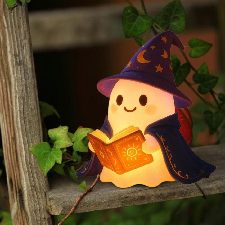 Enchanting Ghostly Reader Nightlight Soft LED Illuminating Halloween Shelf Decors Resins Craft Lamp Book Lover Gift