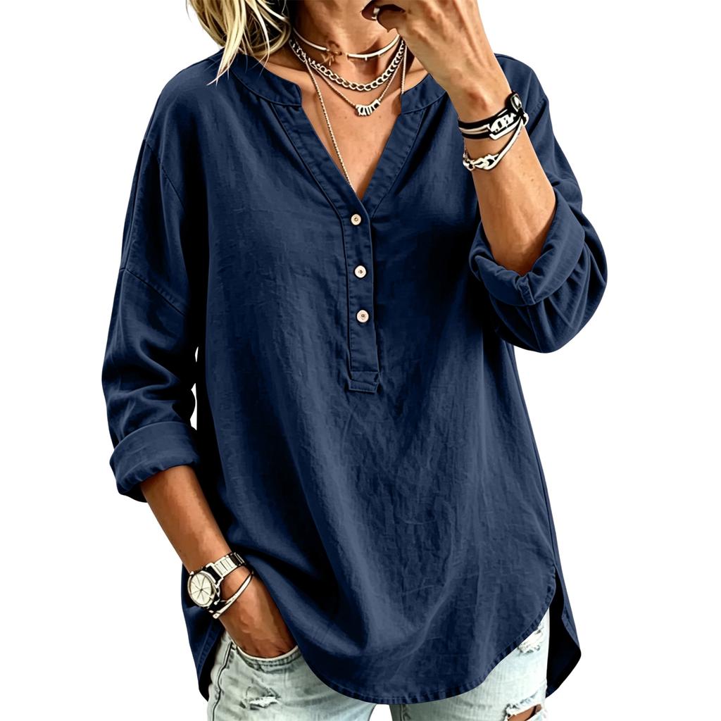 Chemise boutonnée décontractée à col en V pour femme, coupe ample, pour un usage quotidien