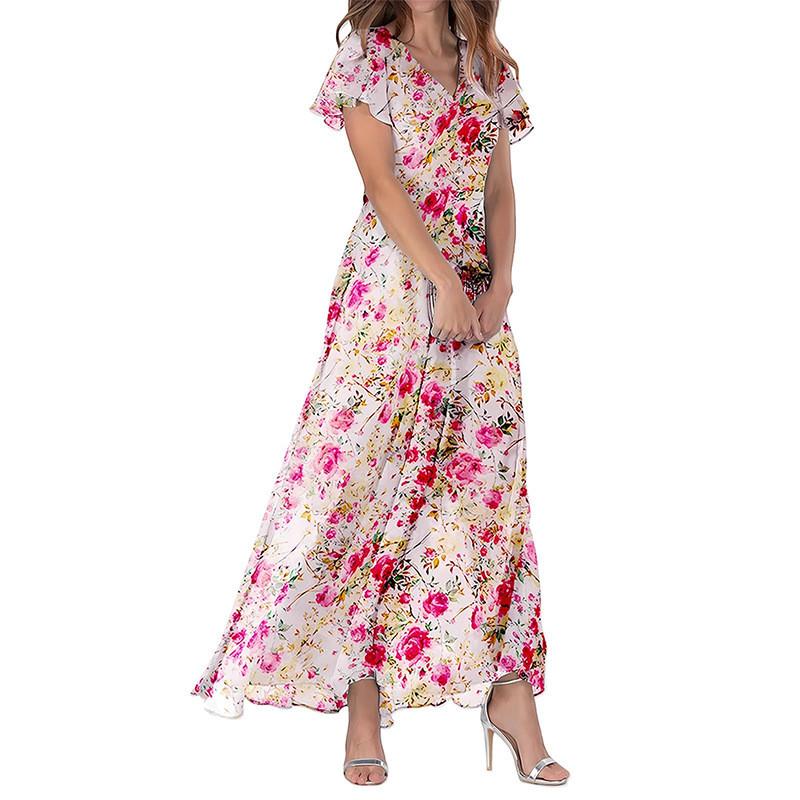 Summer Floral Chiffon Dress With V Neck Short Sleeves For Elegant Casual Wear