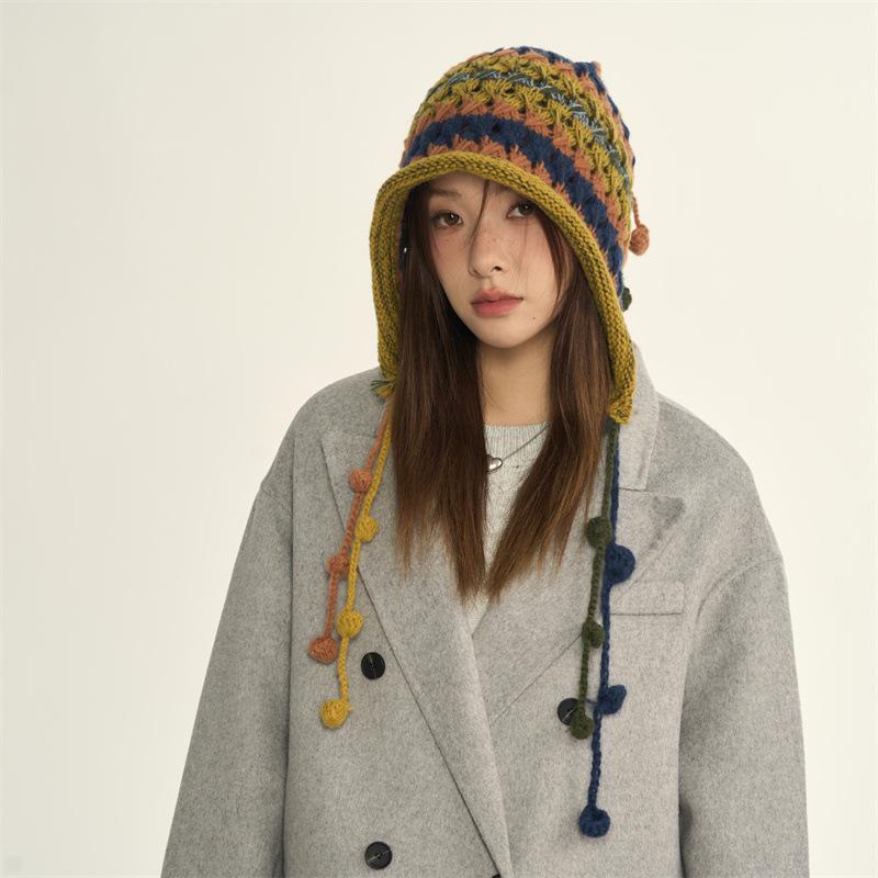 

Winter Red Hat Women S Girl Autumn And Winter Warm Tassel Sweet And Cute Pullover Hat Handmade Knitted Ear Protection Hat зелений