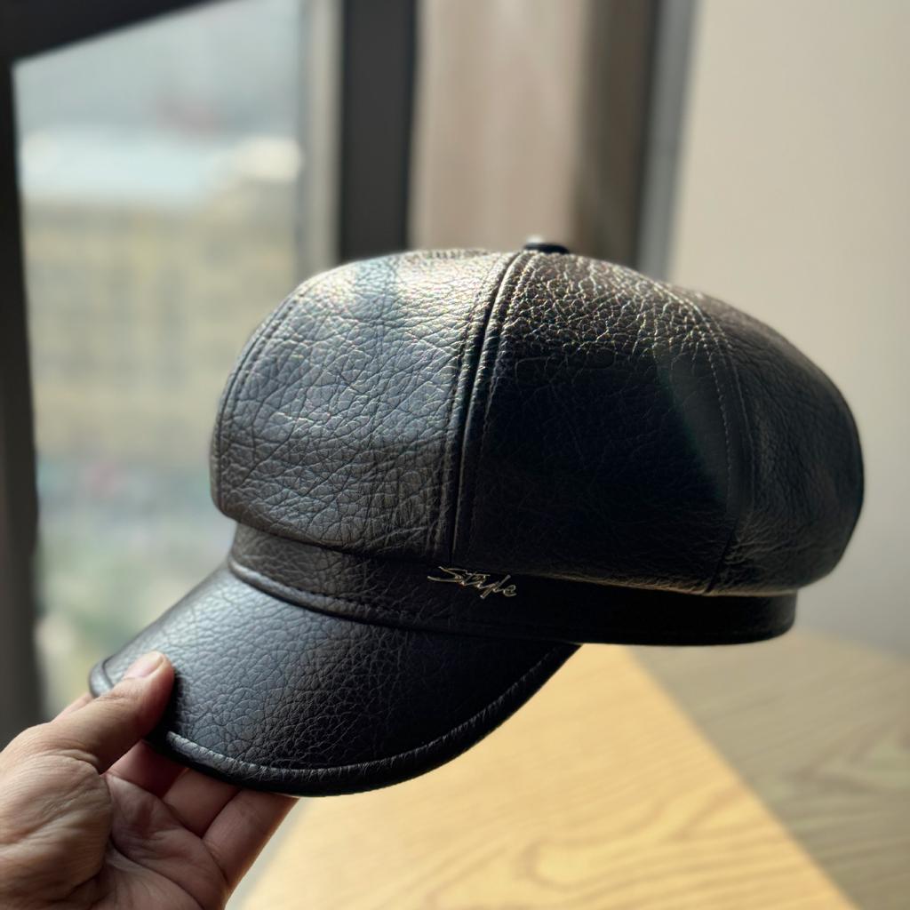 New Octagonal Hat for Women Fashionable and Warm in Autumn and Winter Korean Style Versatile Retro Black Leather Newsboy Hat Trend