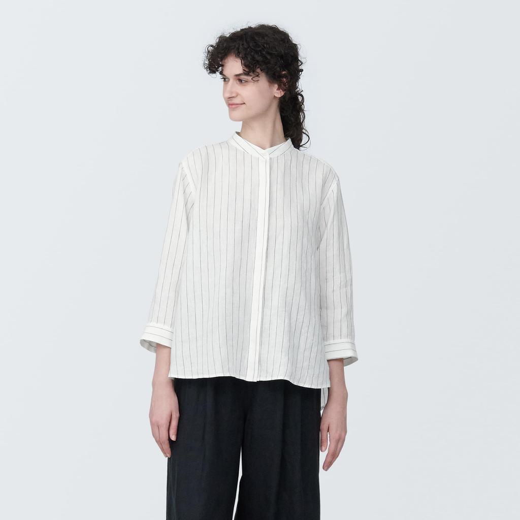 MUJI Women's Linen Washed Stand Collar 34 Sleeve Blouse Women's BC2JFA4S Off White Stripe Women's XL