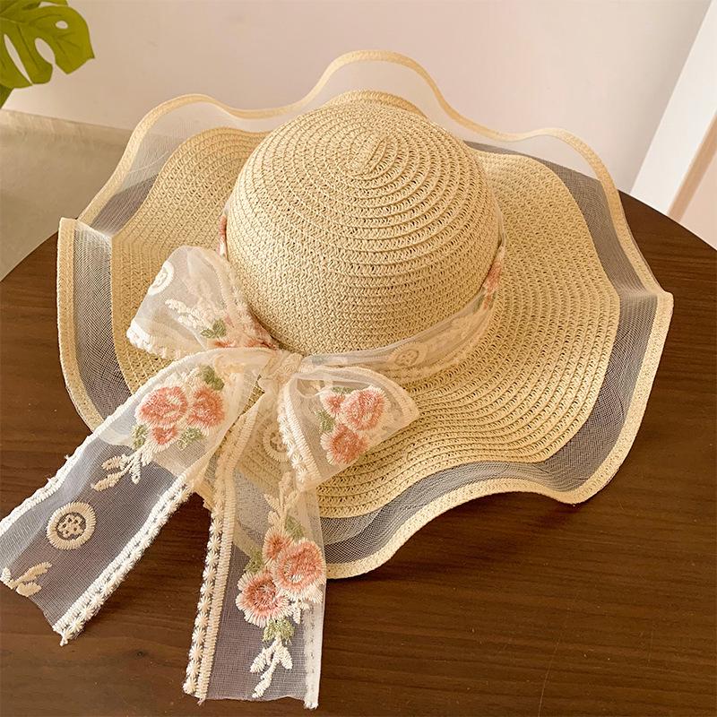 Korean Style Women's Wide Brim Straw Hat - Summer Seaside Bow Sun Protection