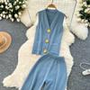 Summer Women Knitted Sweater Tracksuit Sleeveless Big Gold Button Tank Vest Tops and Wide Leg Pant Two Piece Set