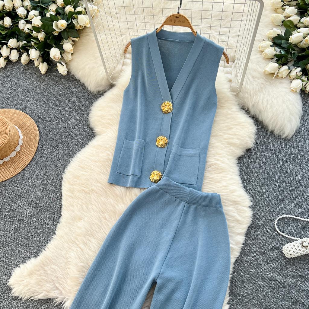 Summer Women Knitted Sweater Tracksuit Sleeveless Big Gold Button Tank Vest Tops and Wide Leg Pant Two Piece Set