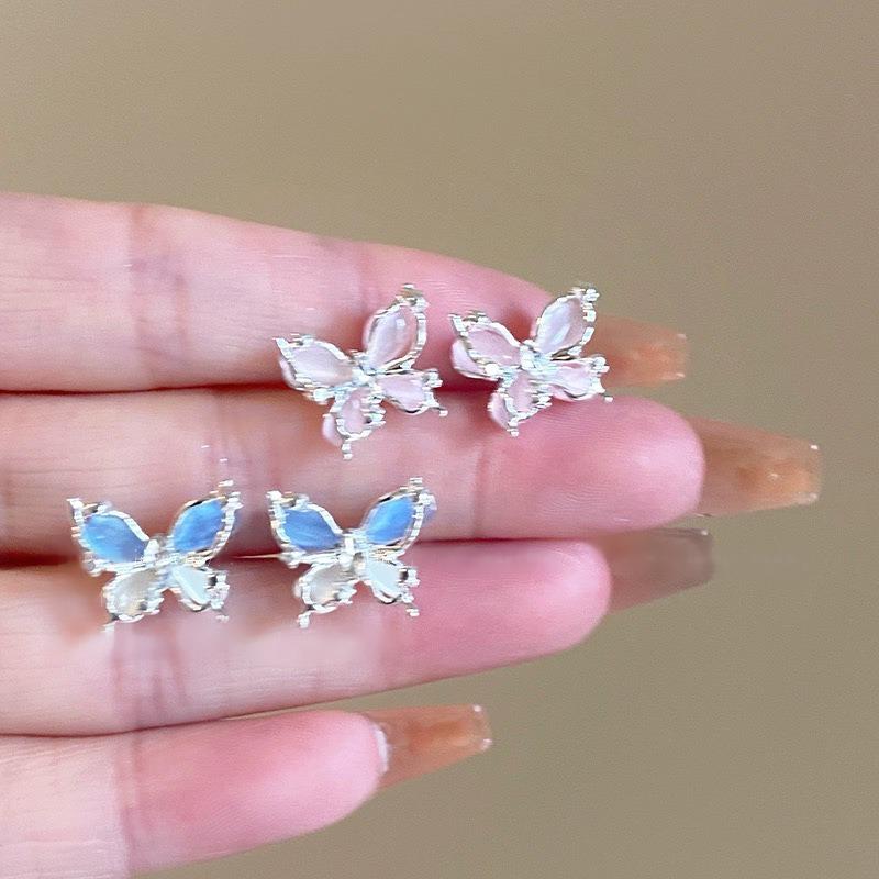 Silver needles small fresh gradual change artificial crystal butterfly stud earrings ear buckle explosion atmosphere flower earrings earrings women
