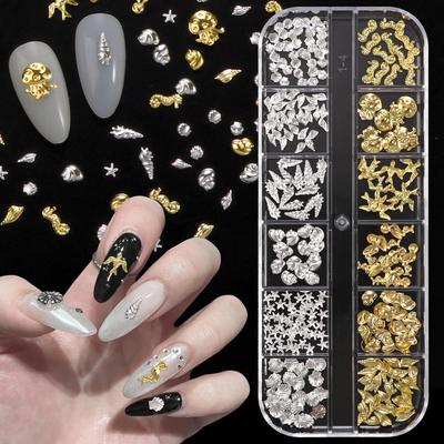 12-Grid Ocean Series 3D Nail Art Accessories Bestselling Gold Silver Metal Rivets Conch Shell Rhinestones Boxed