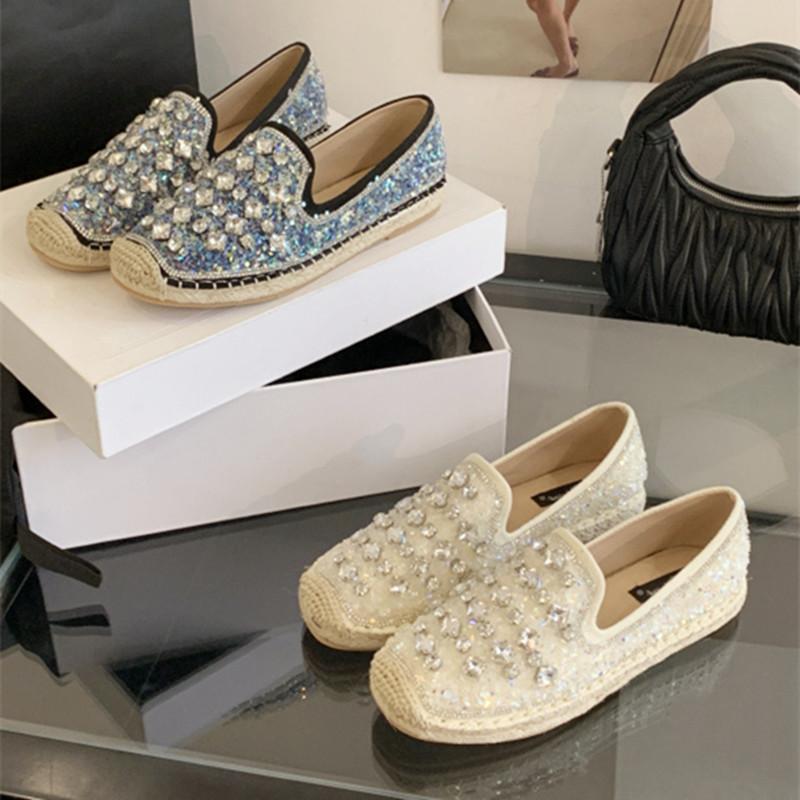 Fashion High Quality Handmade Woven Flats Women Luxury Bling Rhinestone Decoration Brand Designer Shoes Comfortable Non-slip Casual Shoe