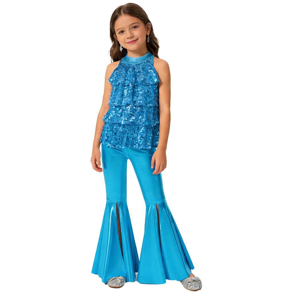 Children‘s Shiny Sequins Halter Neck Backless Jazz Dance Bodysuit and Split Flare Metallic Pants for Competition Recital