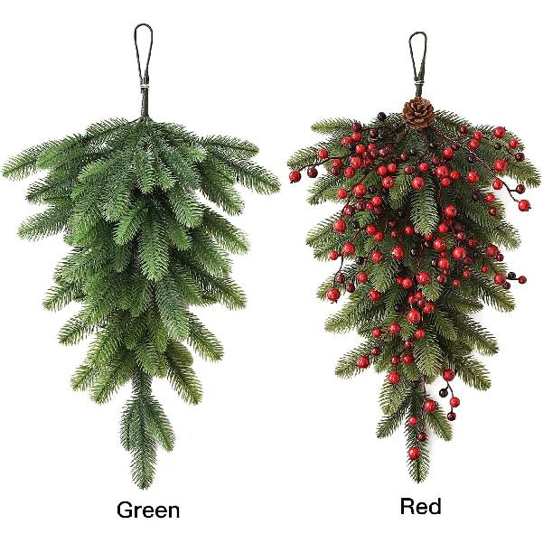 Artificial Christmas Teardrop Swag 27.6inch Door Swag Christmas Wreath with Red Berries Pine Cones Mixed Pine Swag for Holiday Wall Door Lintel