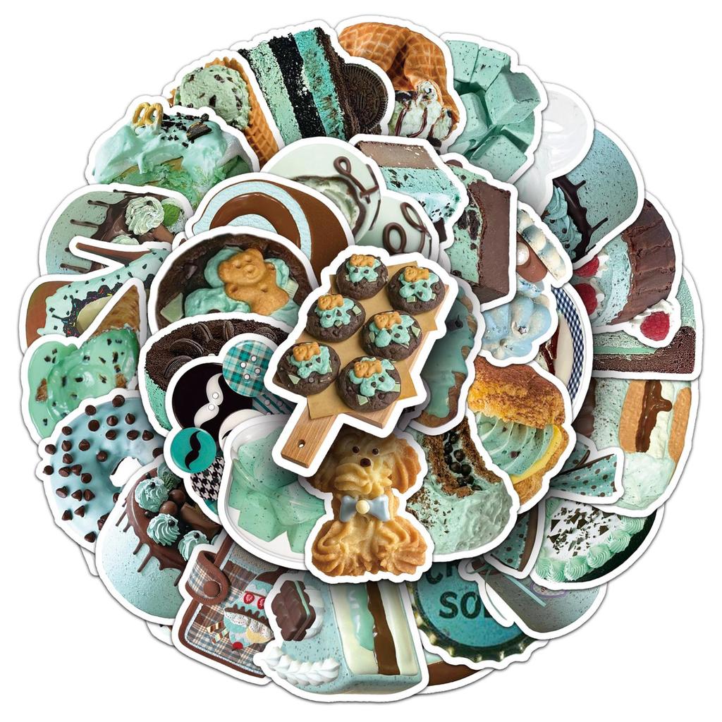 50 Cute Waterproof Ins Style Stickers: Blue-Green Cake & Food, Ideal for Stationery & Storage Box Decoration