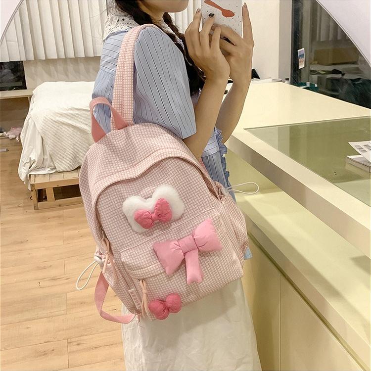 Cute Bowknot Plaid Backpack for Women Girls Large Capacity School Bag Casual Travel Daypack College Student Bookbag