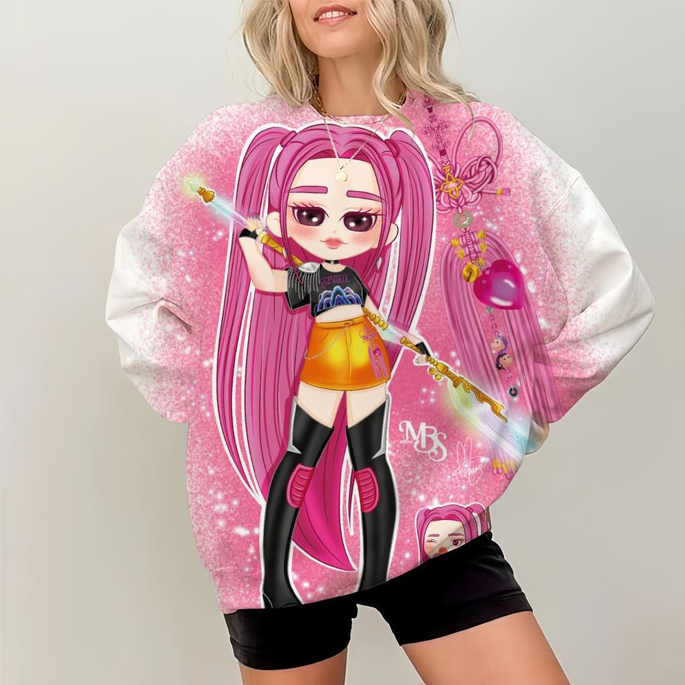 Simple Womens Pullovers KPop Demon Hunters Print Loose Sweatshirts Soft Female Clothing