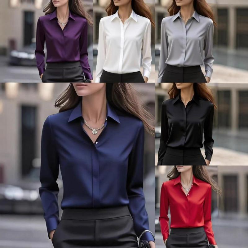 Autumn New Solid Color Long-sleeved Lapel Satin Fashion Versatile Shirt for Women