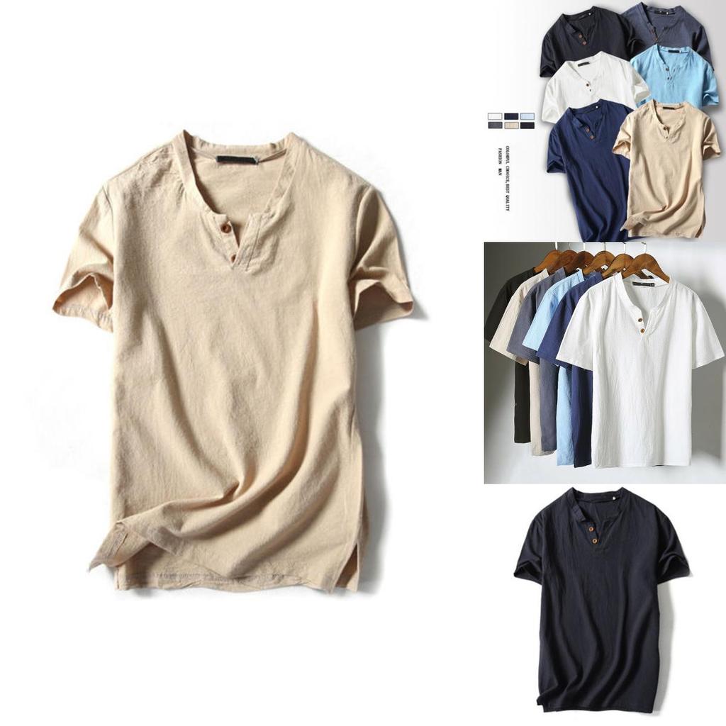 Premium Quality Men Brief T-shirt Summer V-neck Cotton Linen Blouse Top Tee Shirt Plus Size